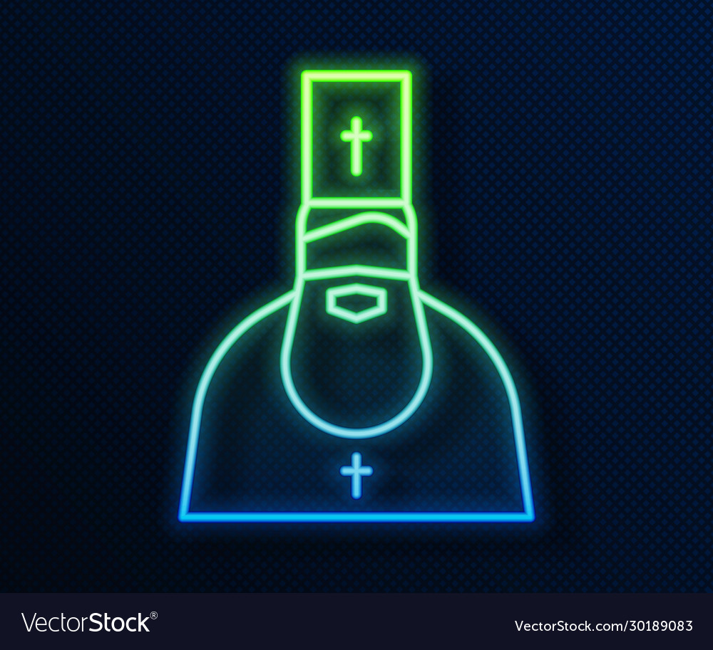 Glowing neon line priest icon isolated on blue