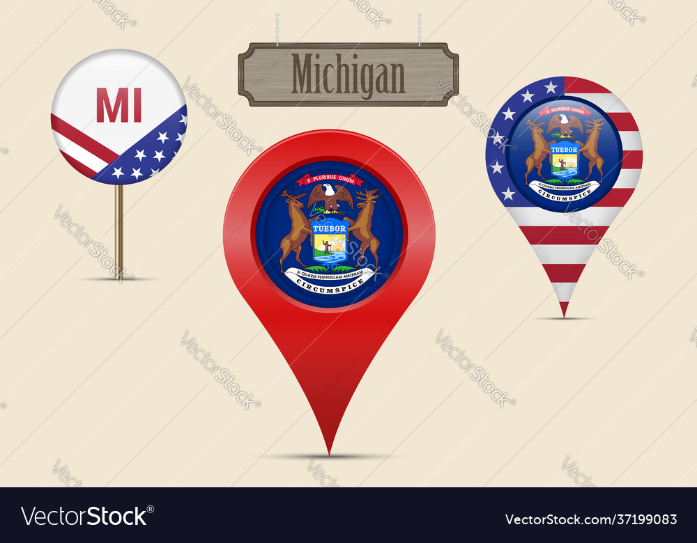 Michigan us state round flag map pin red