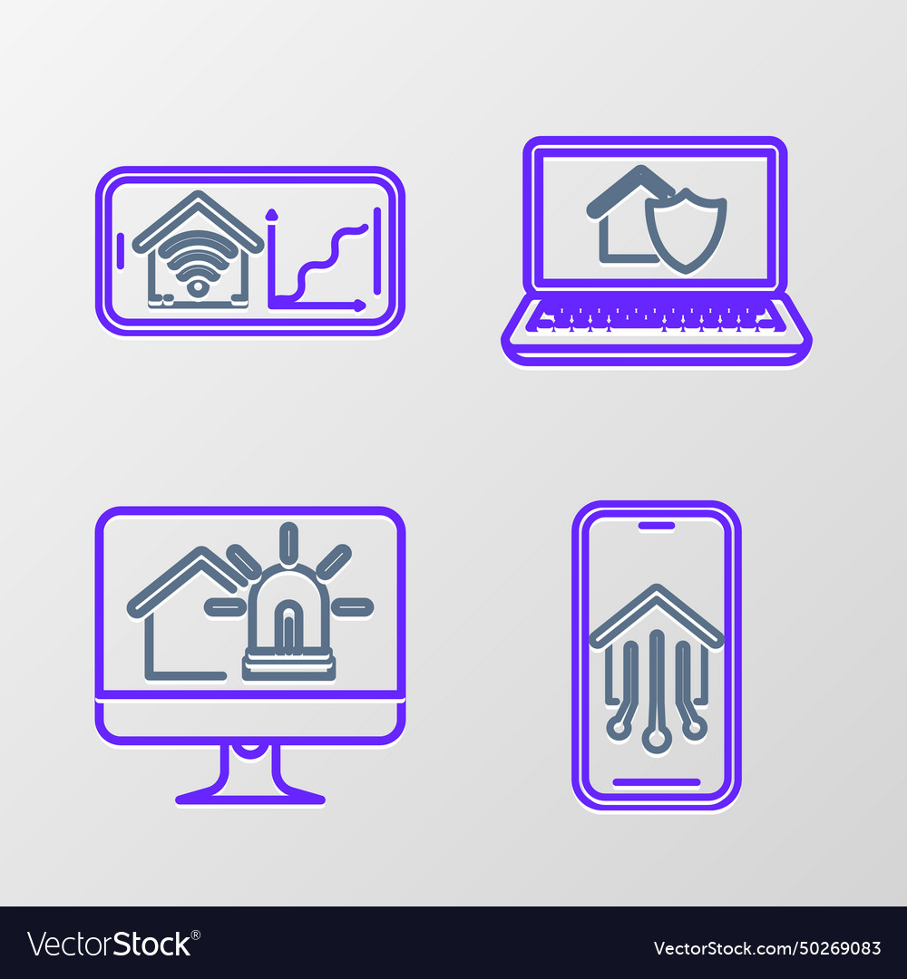 Set line mobile phone with smart home computer vector image Set line mobile phone with smart home computer