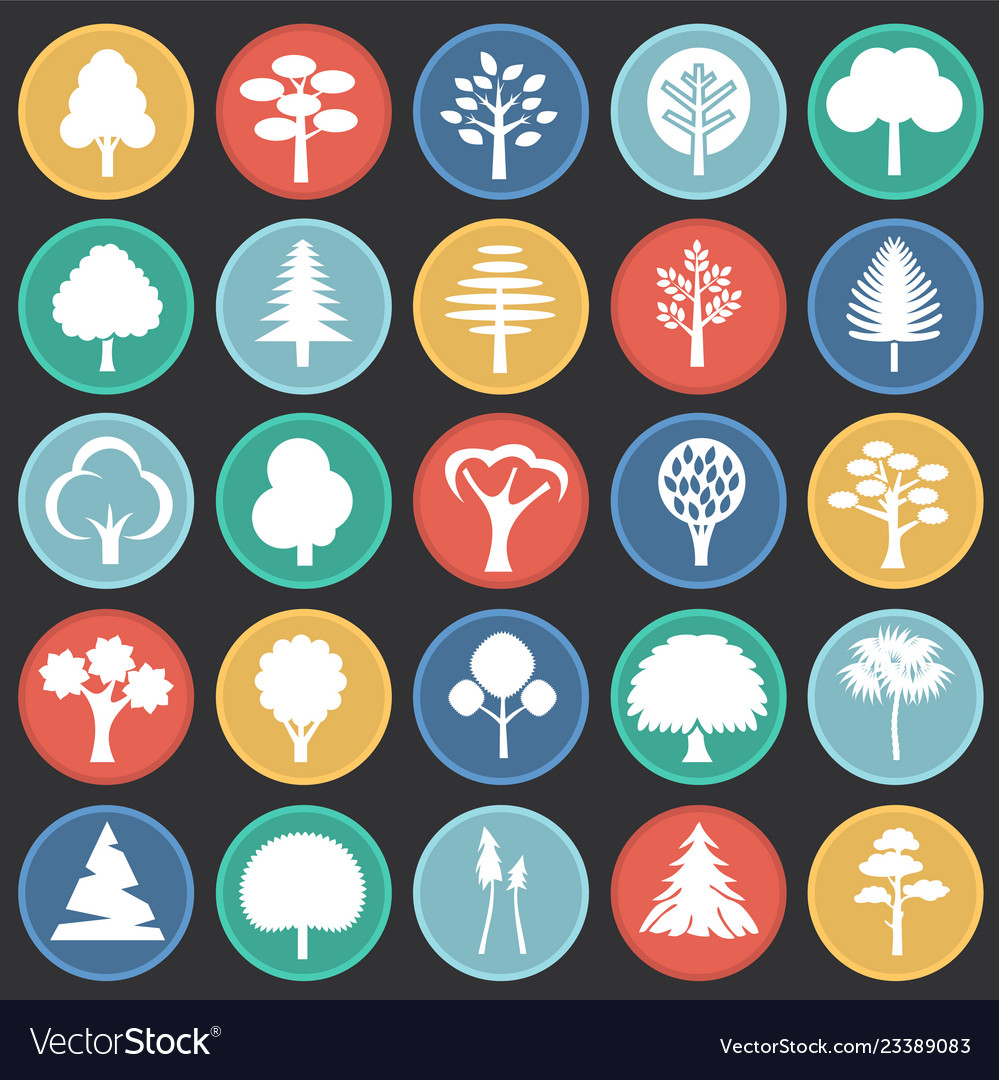 Trees icon set on color circles black background