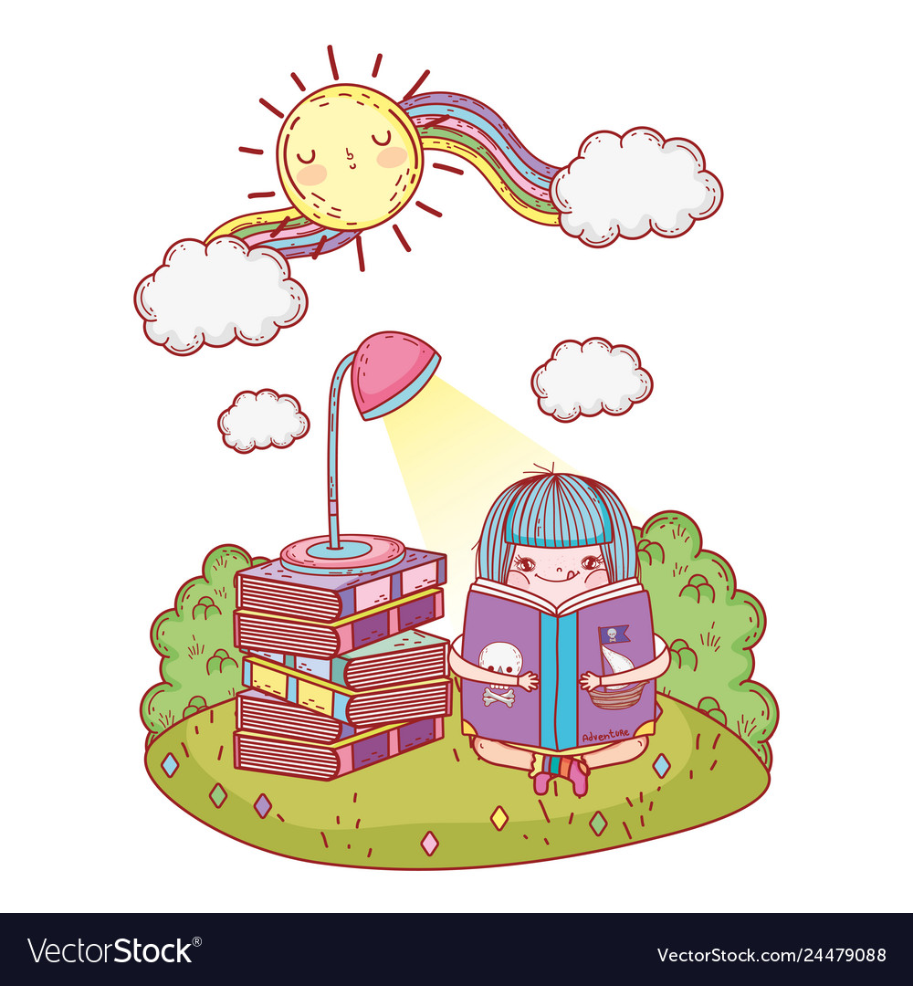 Girl reading book with sun kawaii in the field