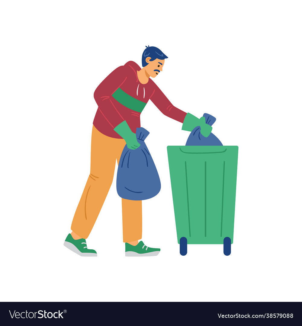 Man putting litter into garbage container flat Vector Image Man putting litter into garbage container flat
