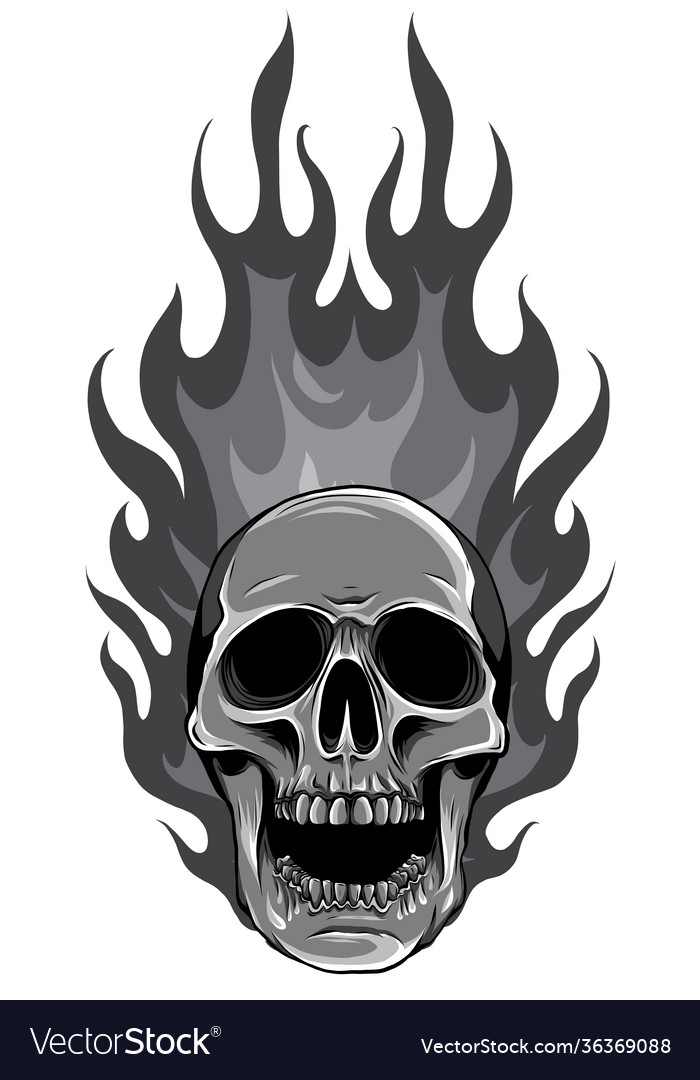 Monochromatic skull on fire with flames Royalty Free Vector