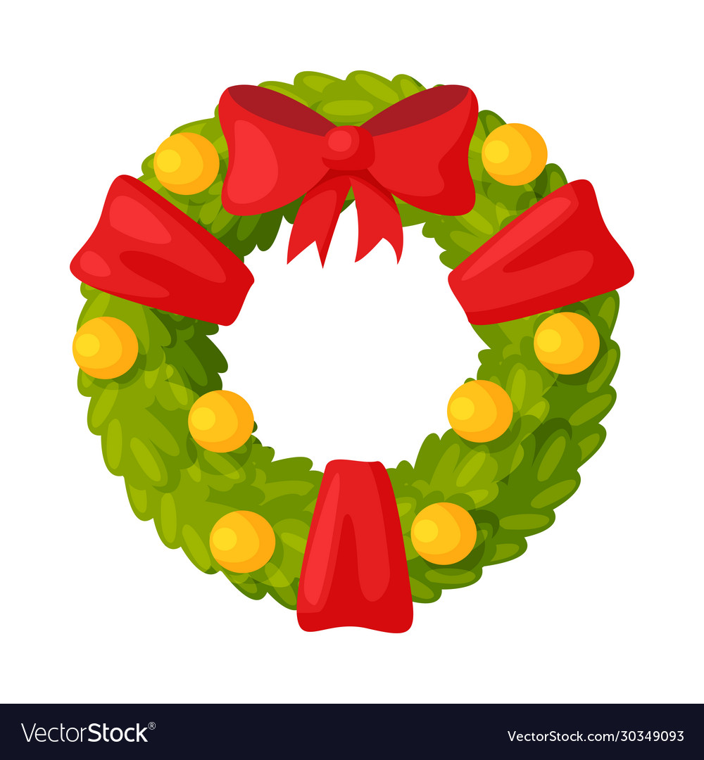 Christmas wreath with ribbons balls and red bow Vector Image