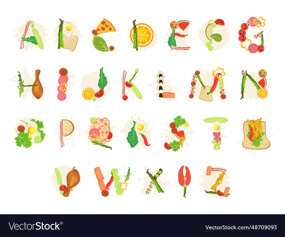 Font abc english alphabet letters different food Vector Image