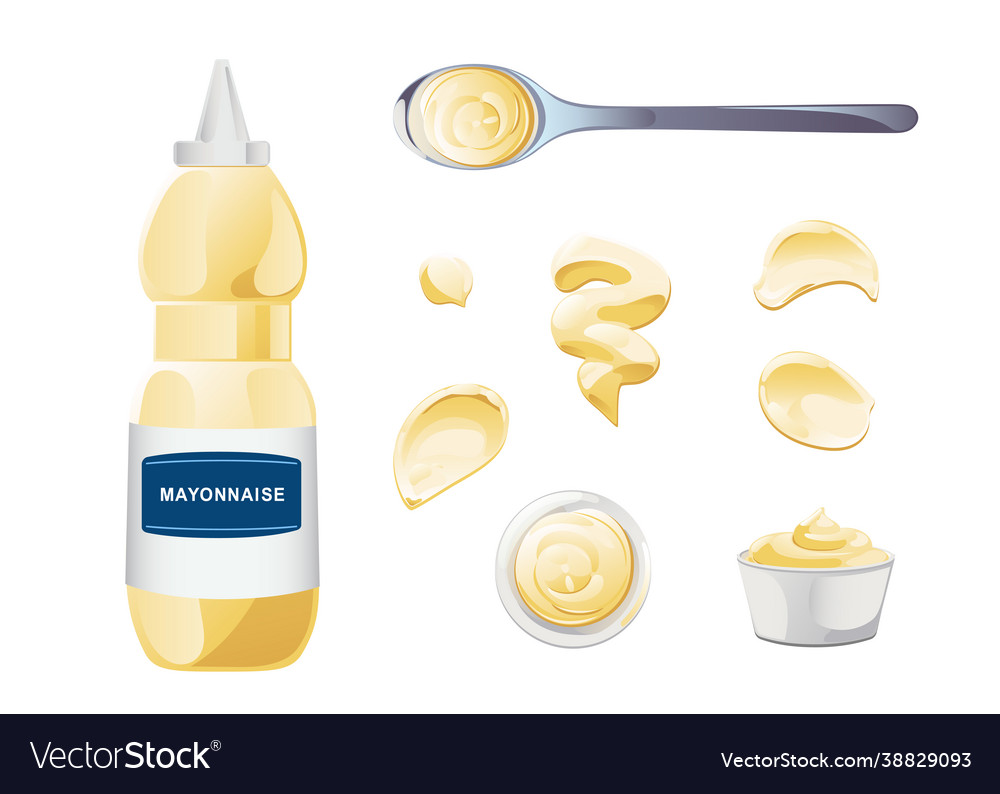 Mayonnaise in bowl bottle and stains set