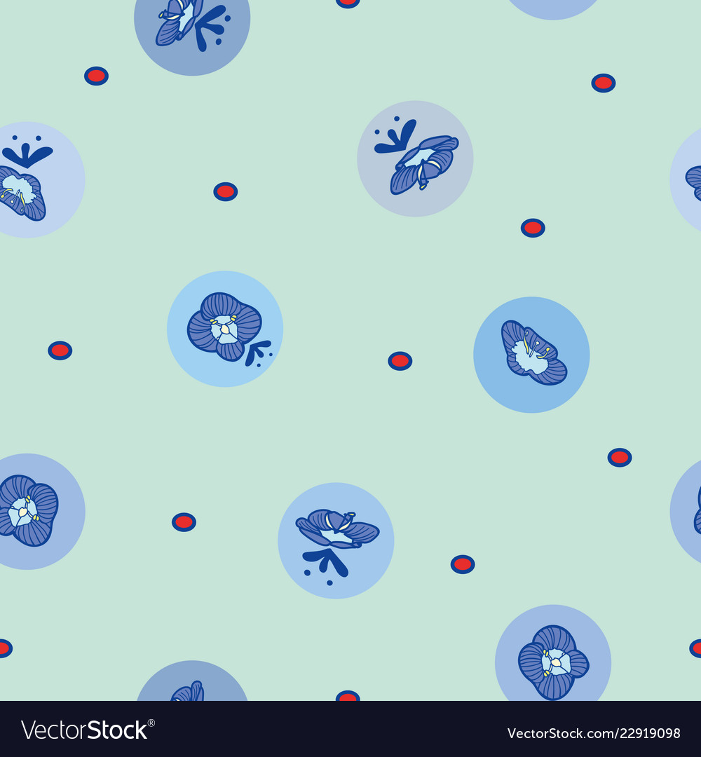 Blue repeat pattern with flowers and dots