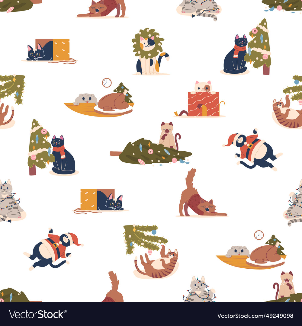 Seamless pattern featuring christmas cats wearing