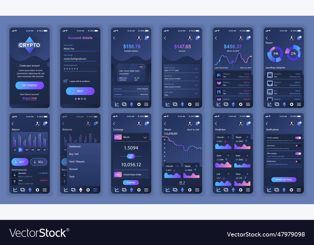 Set of ui ux gui screens cryptocurrency app flat
