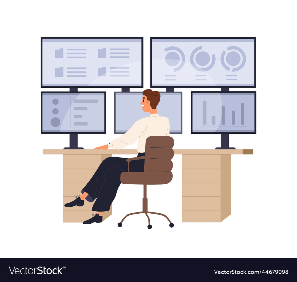Work at multiple-monitor computer with business vector image Work at multiple-monitor computer with business