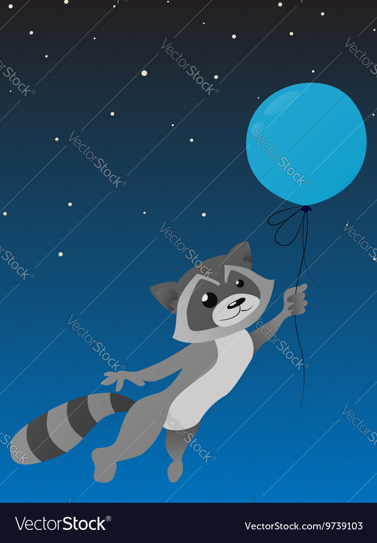 Isolated cute raccoon with balloon on a dark blue