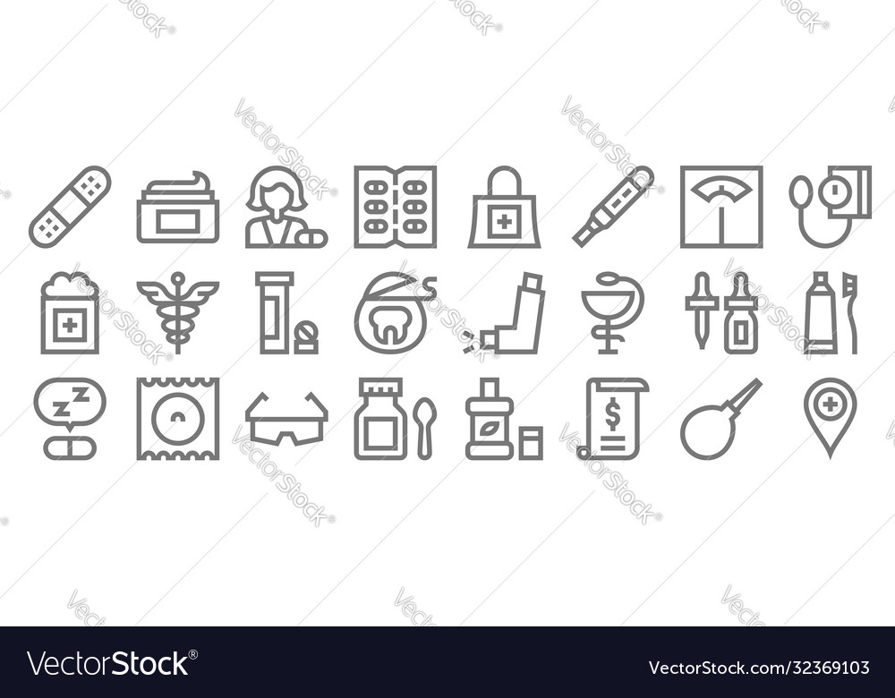 Pharmacy line icons linear set quality