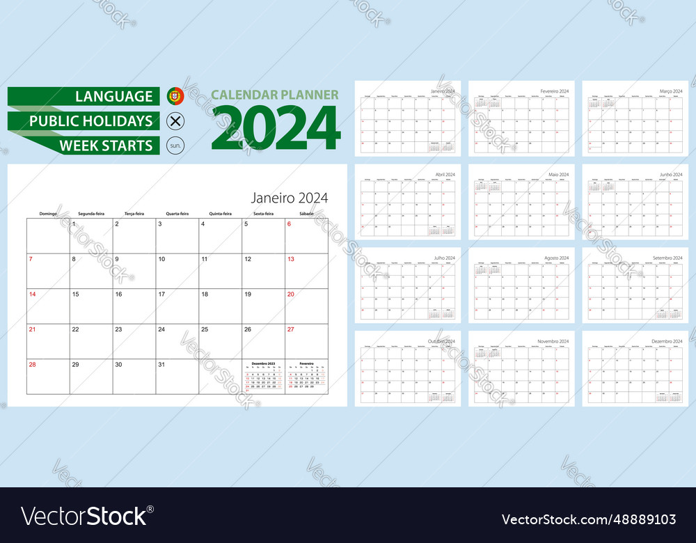 Portuguese calendar planner for 2024 Royalty Free Vector