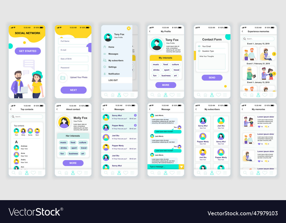 Set of ui ux gui screens social network app flat