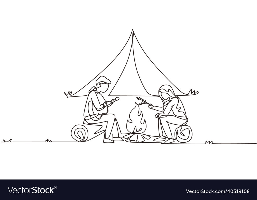 Continuous one line drawing couple summer camp