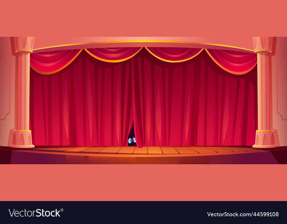 Eyes look out red curtain on theater stage Vector Image