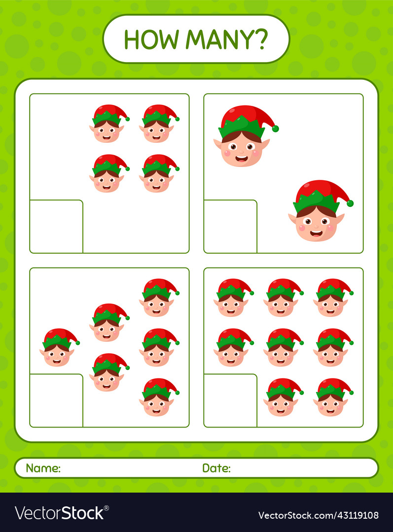 How many counting game with elf worksheet Vector Image How many counting game with elf worksheet
