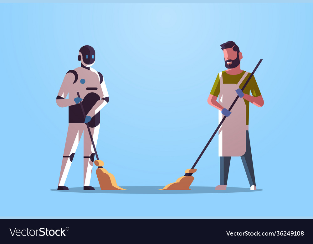 Robotic janitor with man cleaner sweeping vector image Robotic janitor with man cleaner sweeping