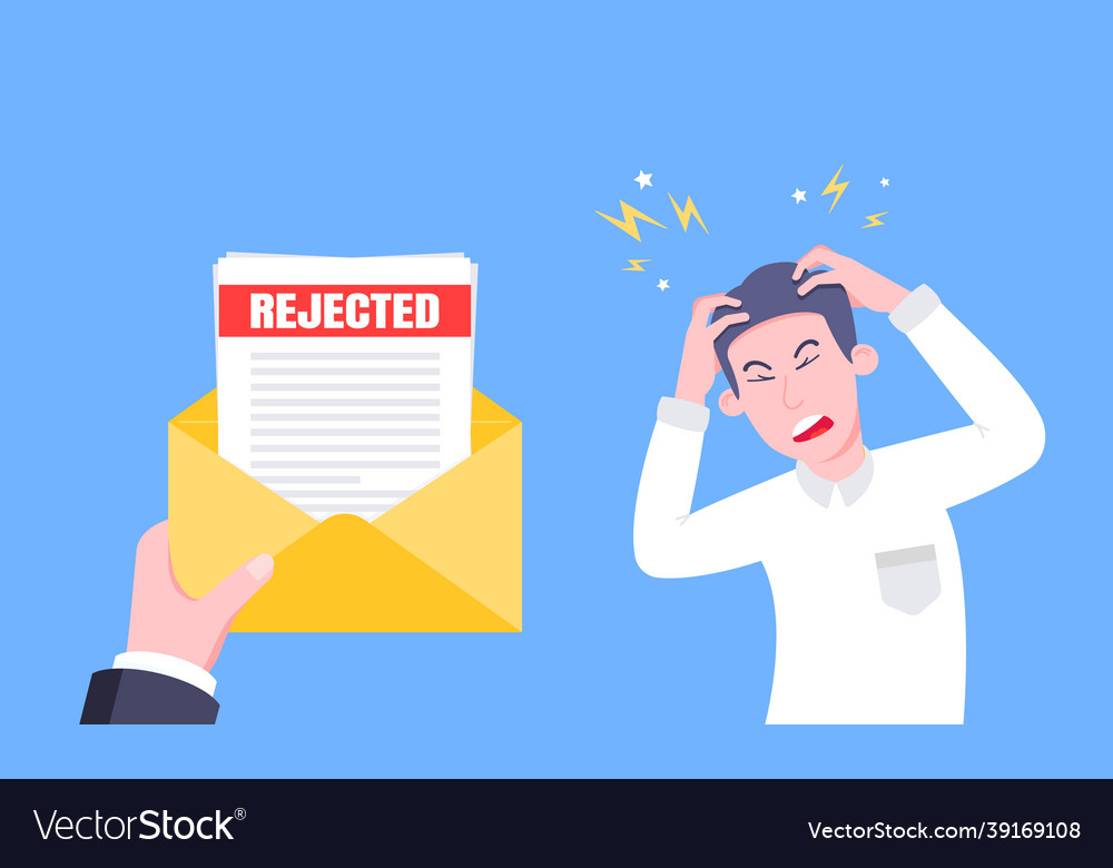 Sad man and an envelope with rejected application vector image Sad man and an envelope with rejected application