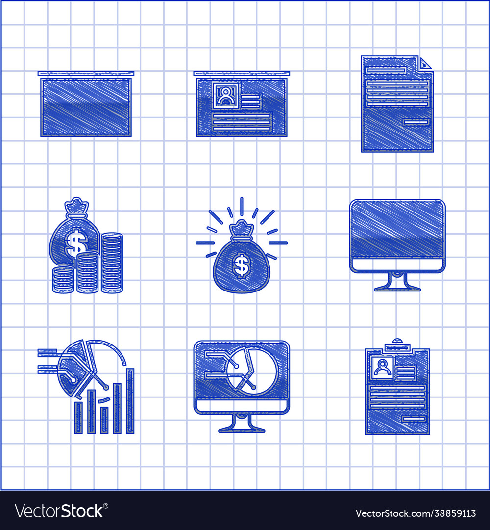 Set money bag computer monitor with graph chart vector image Set money bag computer monitor with graph chart