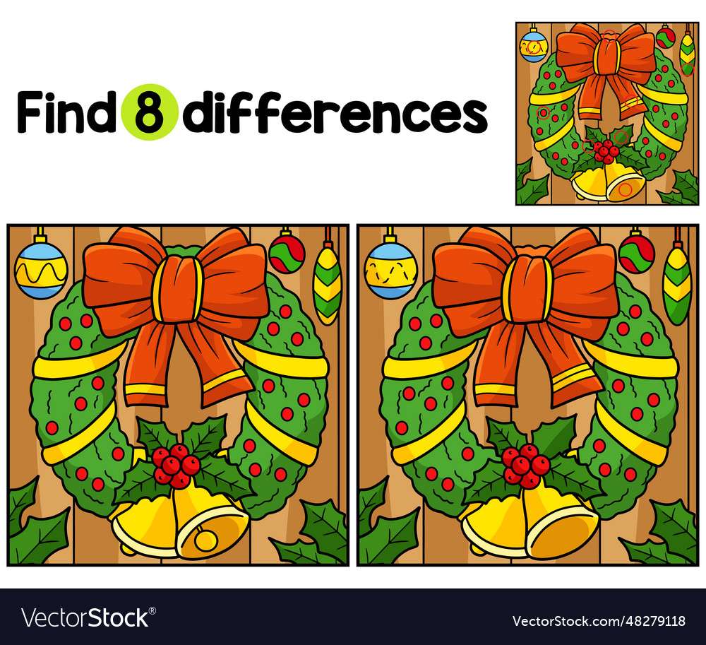 Christmas wreath with bells find the differences Vector Image