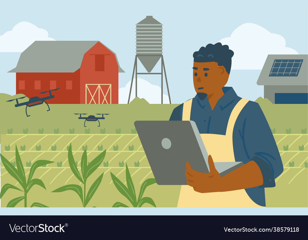 Farmer using computer for control and monitoring vector image Farmer using computer for control and monitoring