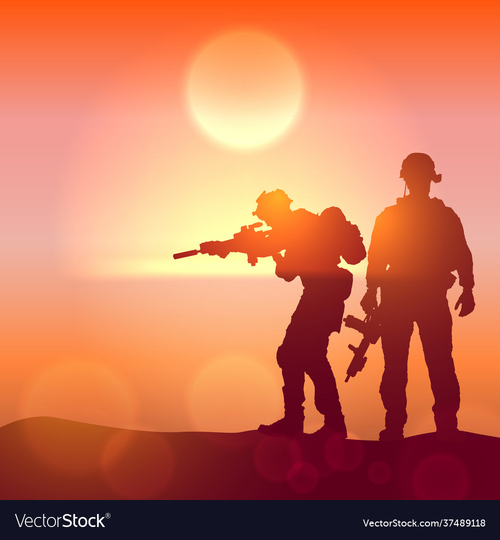 Silhouette a soldiers against sunrise