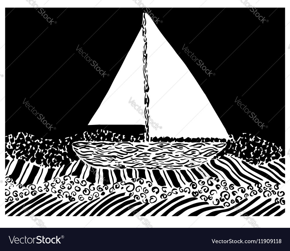 Yacht on sea waves in graphic style