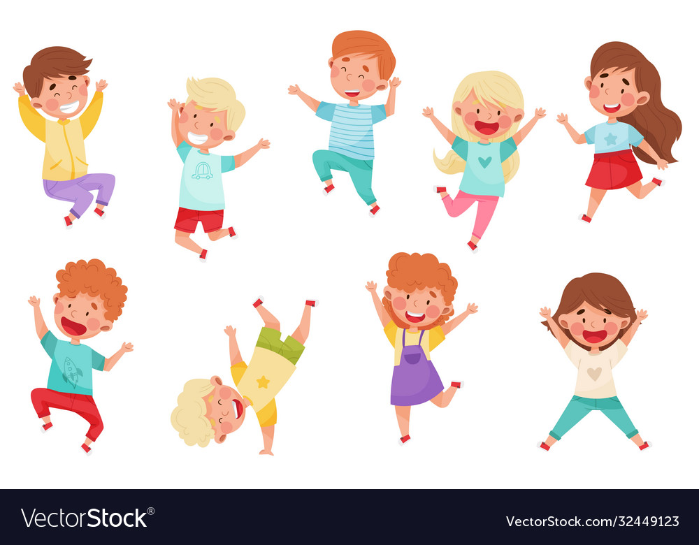 Boy And Girl Characters Jumping High With Joy Vector Image