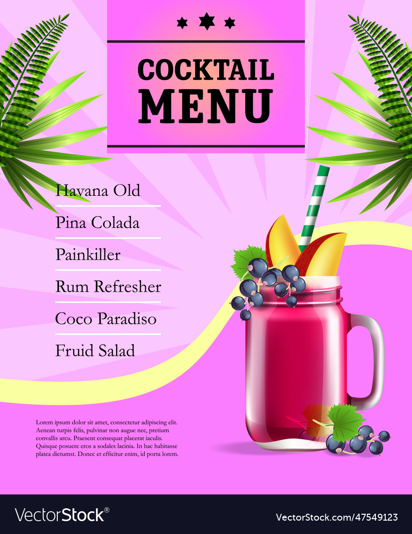 Cocktail menu poster fruit juice jar and palm Vector Image