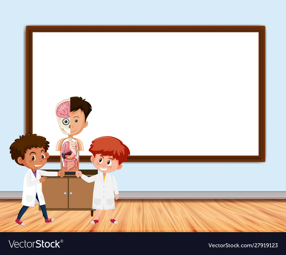 Frame design with board and students in class vector image Frame design with board and students in class