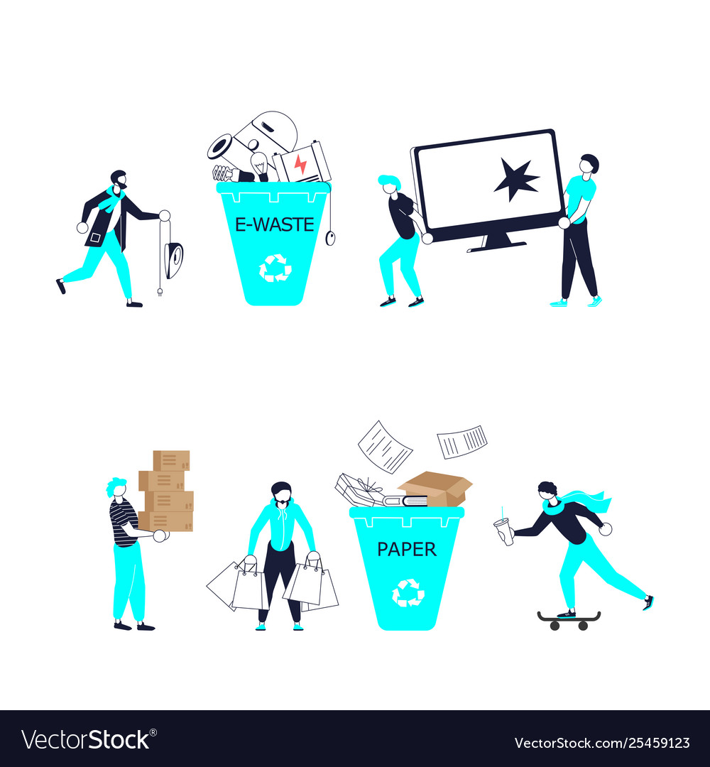 Small people characters throw garbage in container