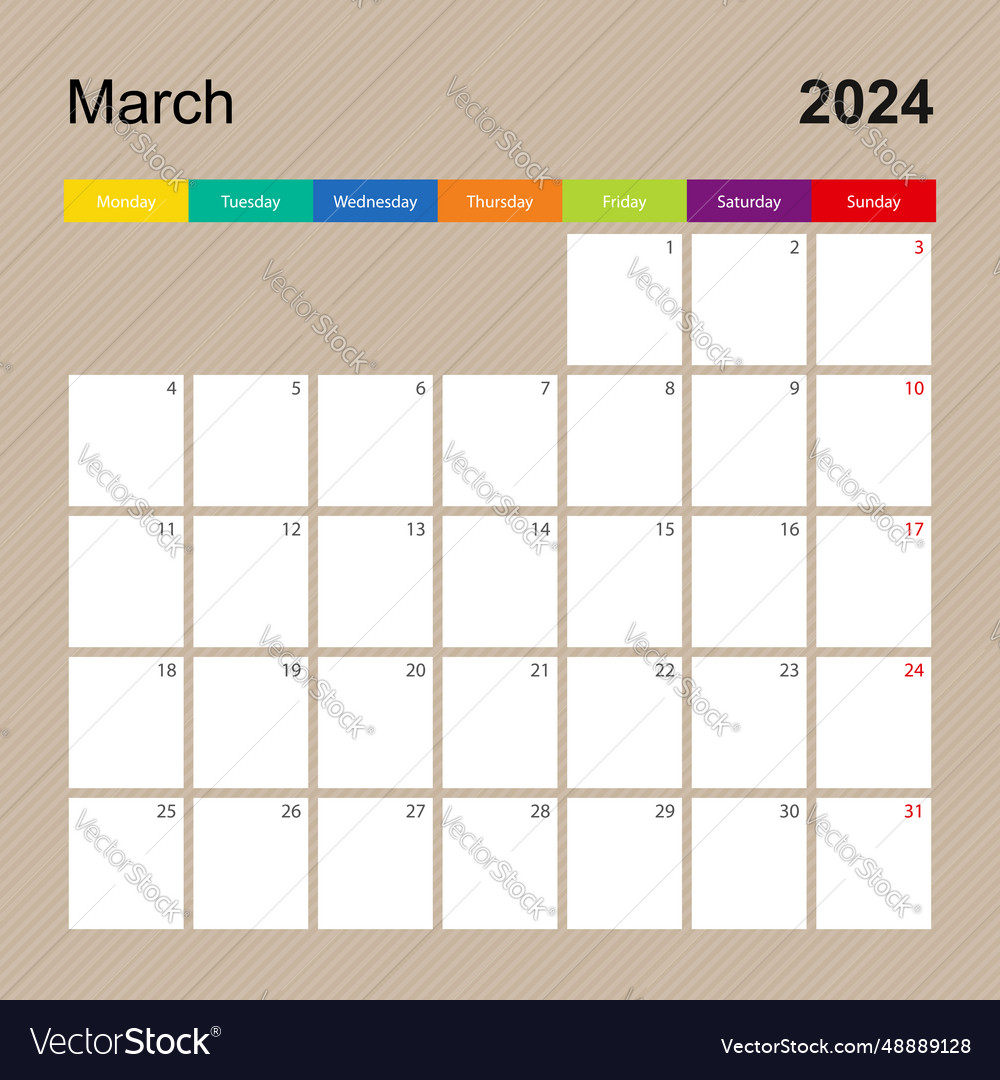 Calendar page for march 2024 wall planner Vector Image