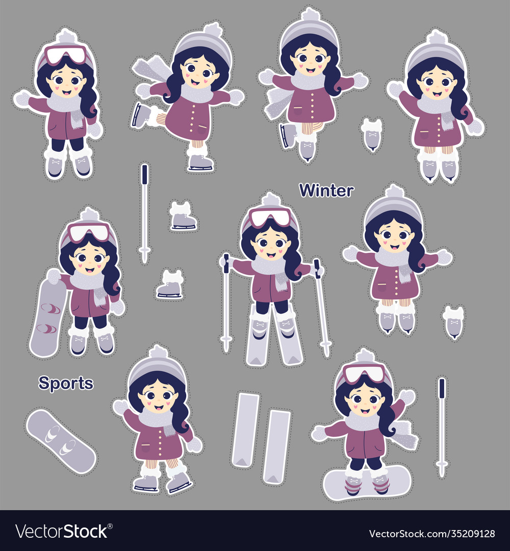 Kids winter a set stickers - cute girl skiing