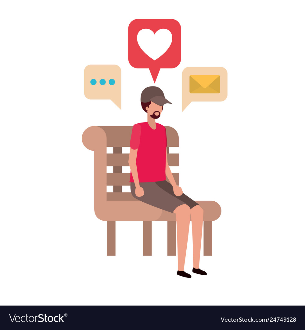 Man sitting on bench with dialogue bubble