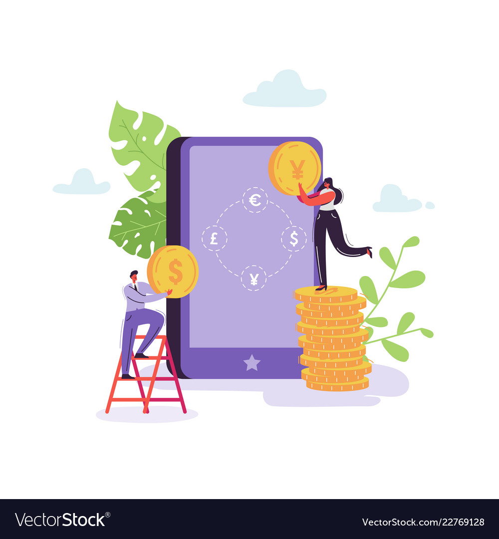 Mobile Currency Exchange Online Banking Characters Mobile Currency Exchange Online Banking Characters Vector Image