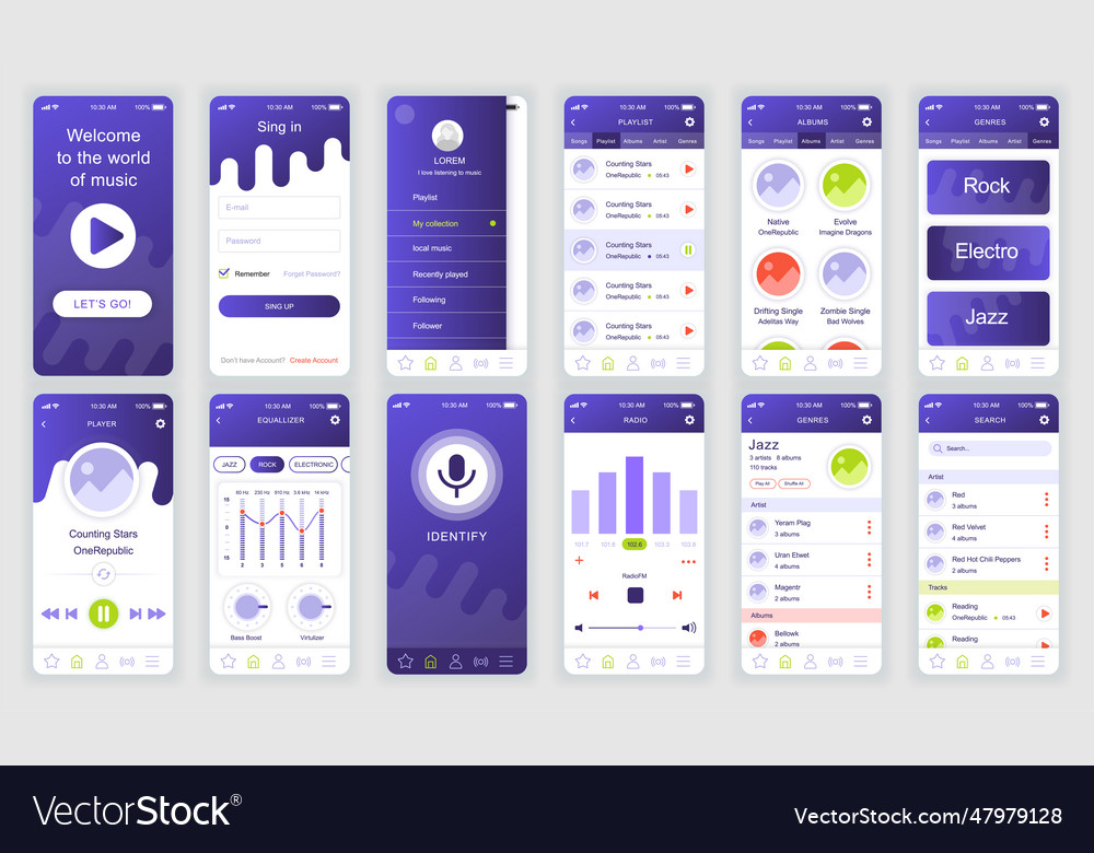 Set of ui ux gui screens music app flat design