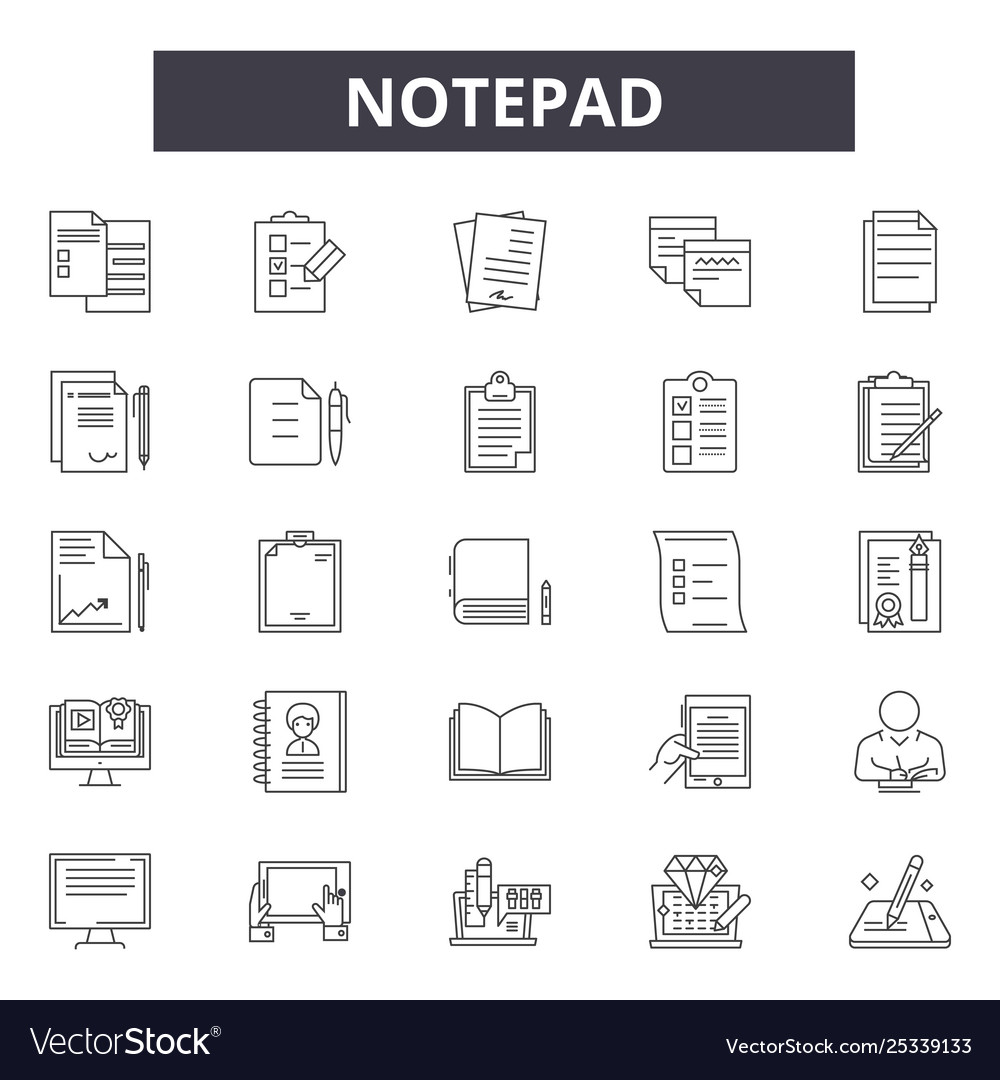 Notepad line icons signs set linear vector image Notepad line icons signs set linear