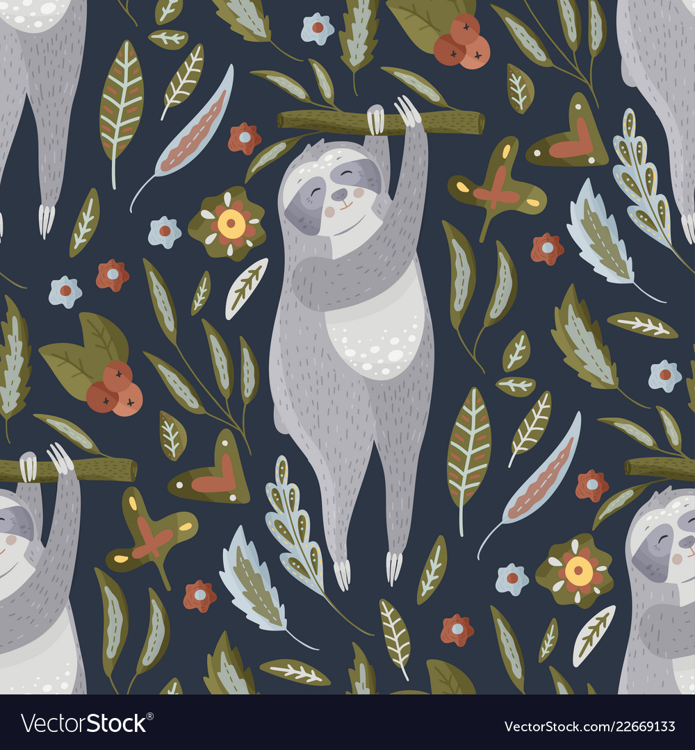 Seamless pattern with sloths in flat style vector image Seamless pattern with sloths in flat style
