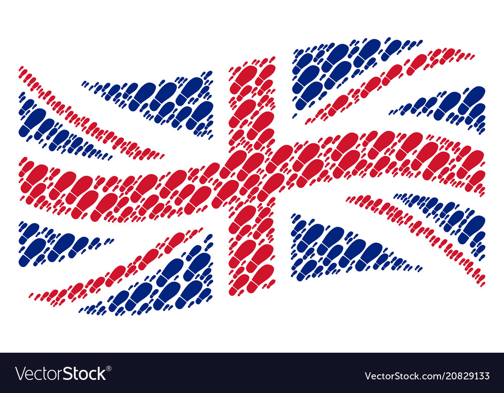Waving uk flag pattern of boot footprint items vector image Waving uk flag pattern of boot footprint items