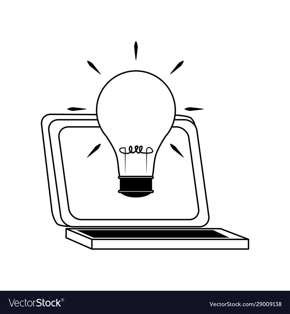 Laptop computer with light bulb icon flat design