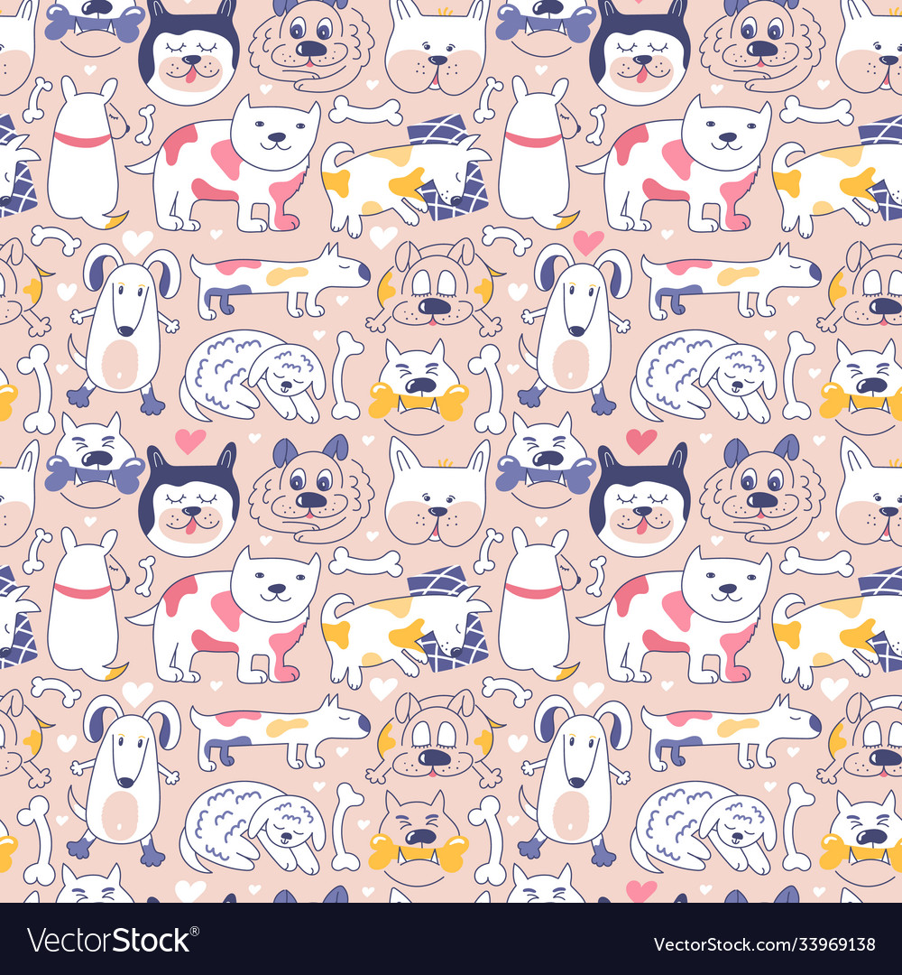 Pattern on pink with colorful dogs