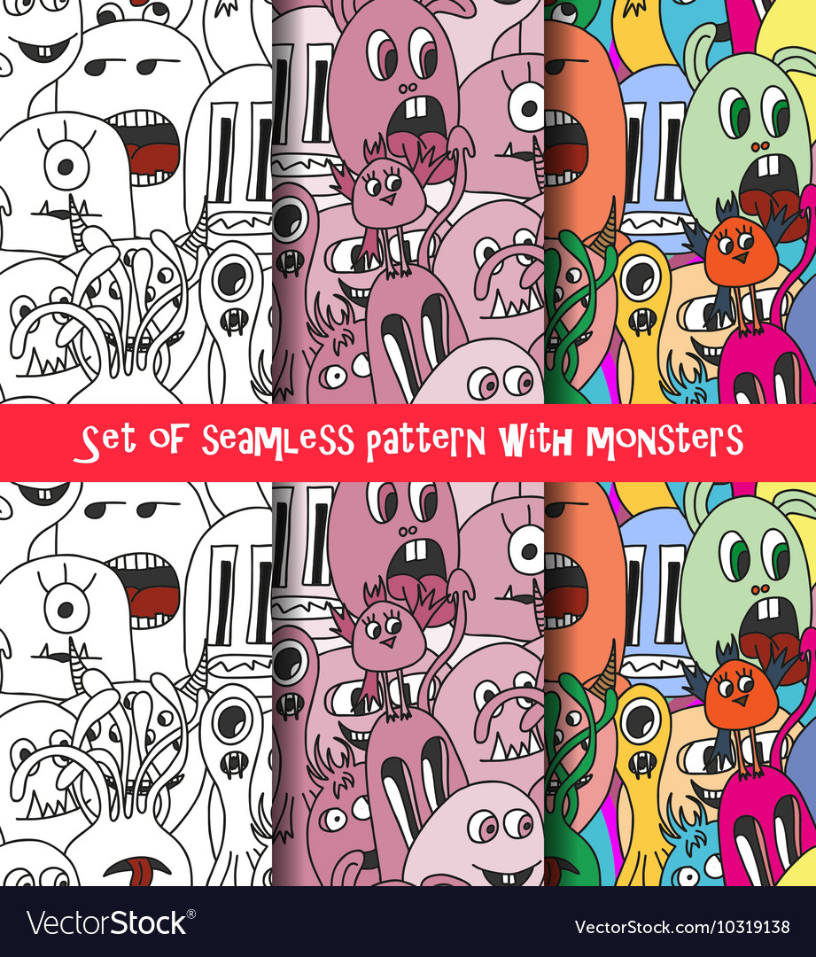 Set of abstract seamless pattern with monsters