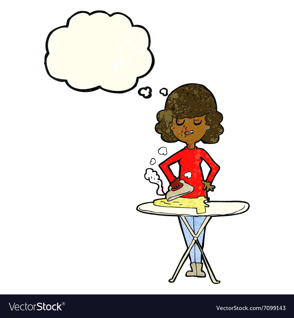 Cartoon woman ironing with thought bubble