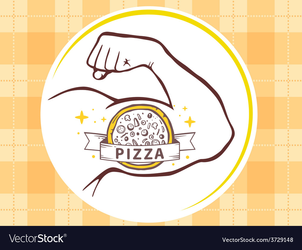 Strong man hand with icon of pizza on ye Vector Image