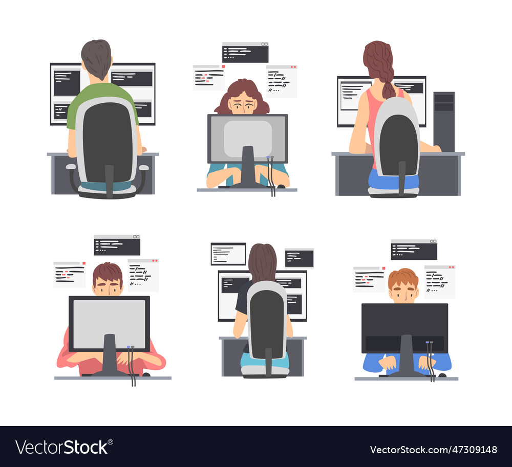 Web developer or programmer working in front vector image Web developer or programmer working in front