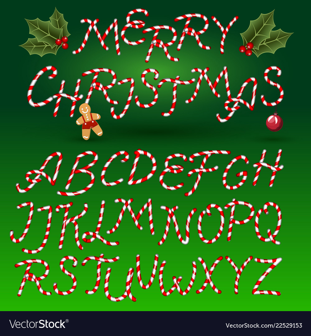 Candy cane font sweet comic alphabet set vector image Candy cane font sweet comic alphabet set