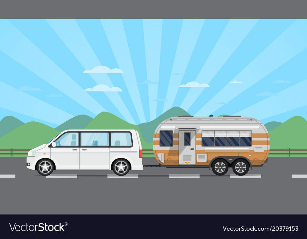 Road trip poster with hatchback car and trailer