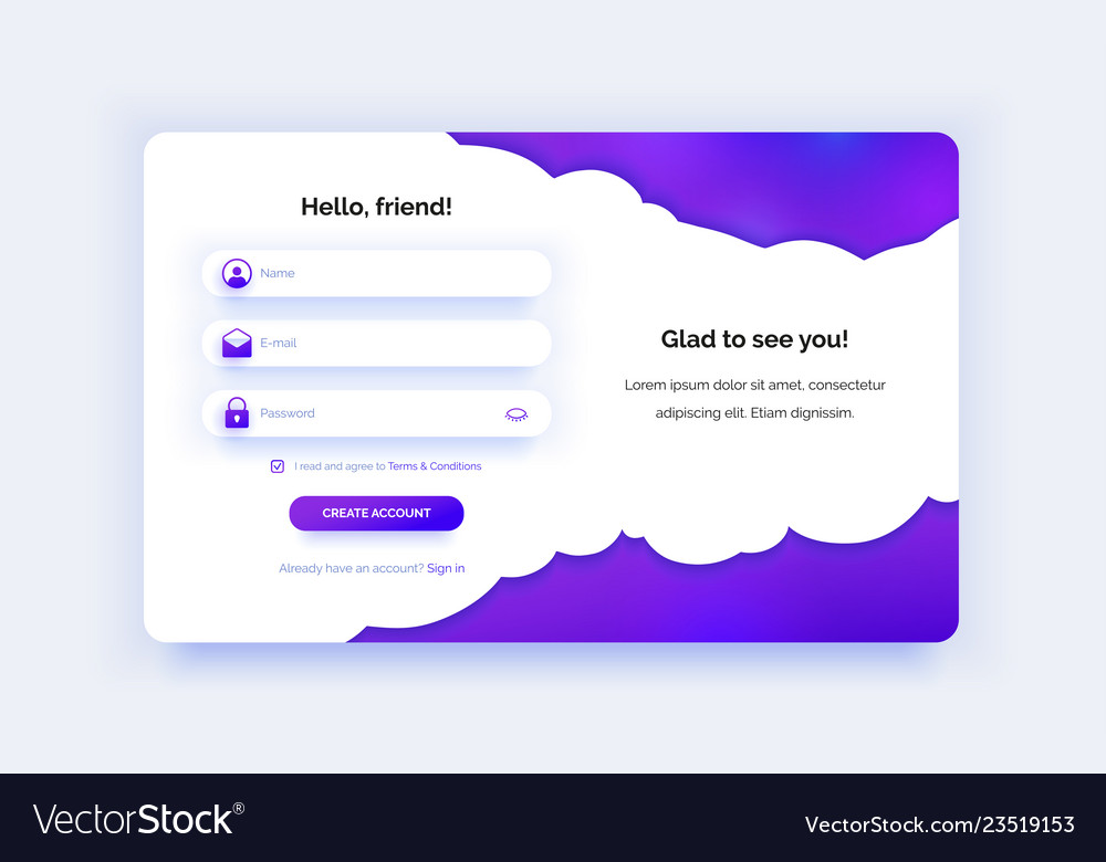 Sign up page purple gradient registration form Vector Image