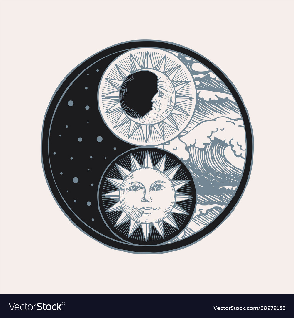 Yin yang symbol with sun moon stars and sea Vector Image